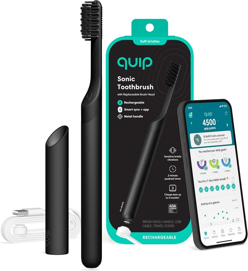 quip Rechargeable Smart Sonic Toothbrush for Adults - Timed Electric Toothbrush with Bluetooth & Rewards App - Replaceable Brush Head, Soft Bristles, Metal Handle - Travel Toothbrush - All-Black - Image 1